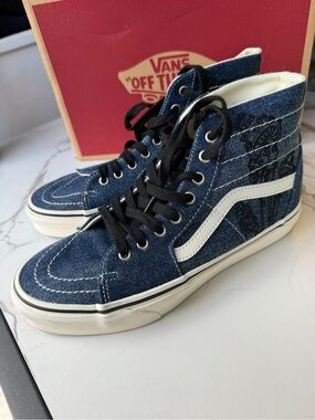 NIB Vans Sk8-Hi navy blue black Denim High Top Sneakers Detail sz 9.5